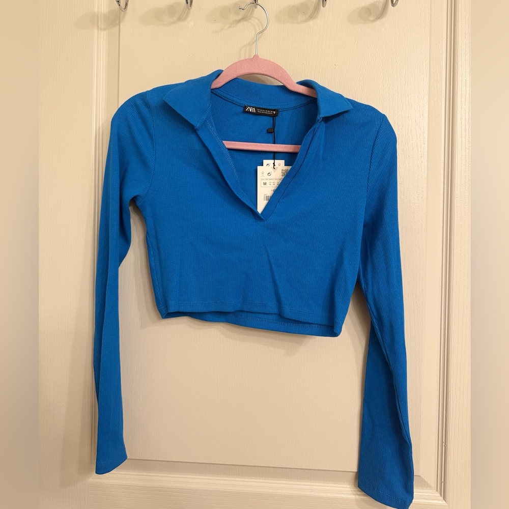 Zara Vibrant Blue V-Neck Long Sleeve Crop Top